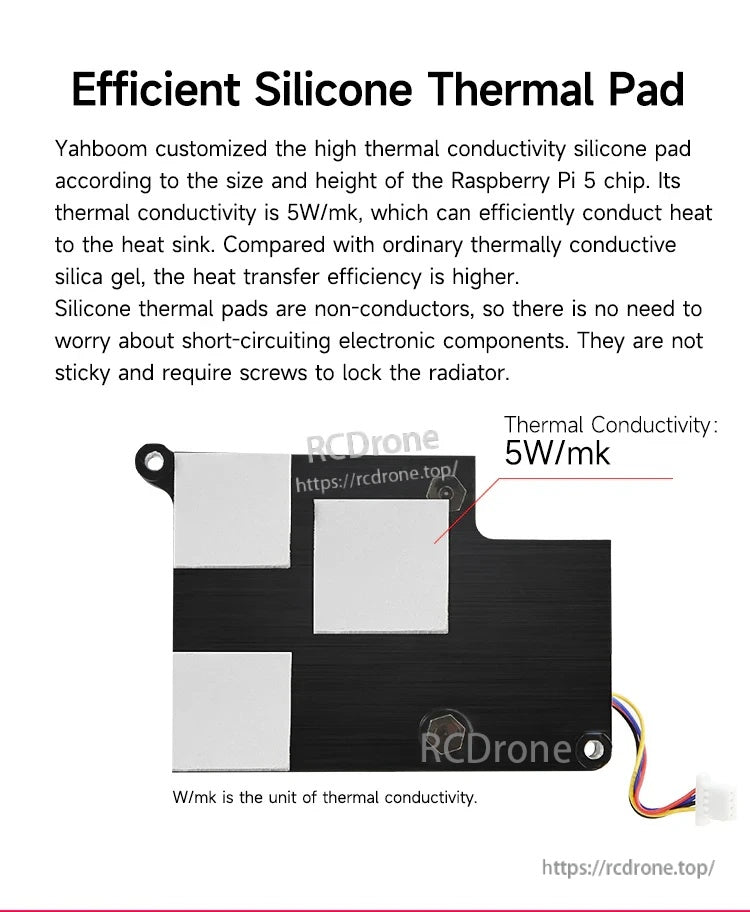 Efficient silicone thermal pad cut to Raspberry Pi 5 chip layout, labeled thermal conductivity 5 W/mK
