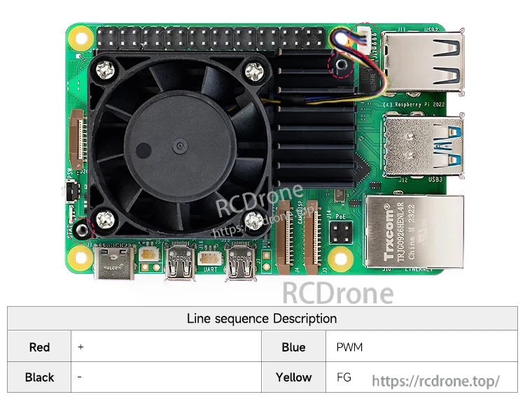 Raspberry Pi 5 top view with Cool Cooler Pi50 installed; wire color mapping for 4-pin JST: red, black, blue, yellow