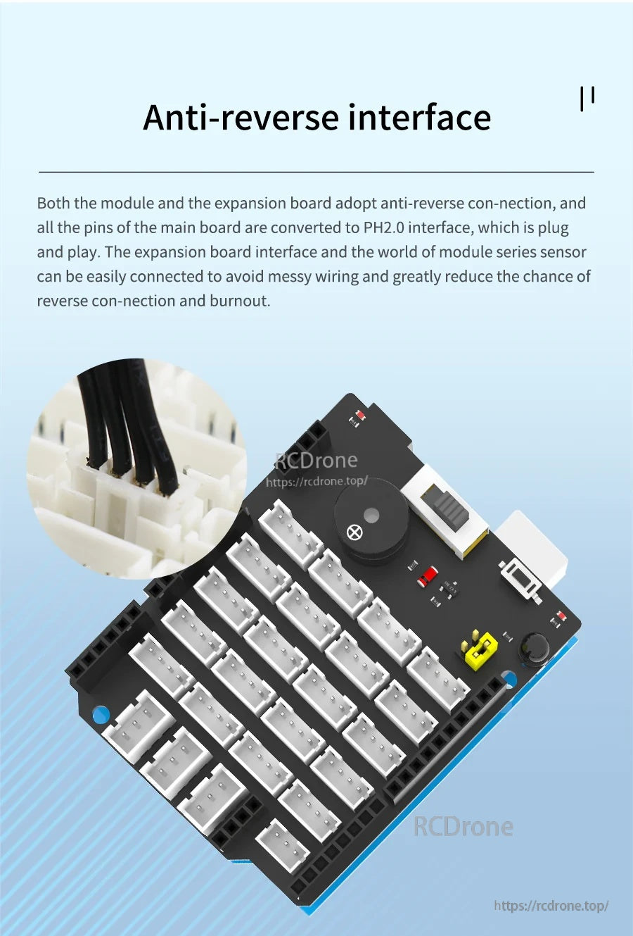 Close-up of PH2.0 anti-reverse connectors on the sensor expansion board
