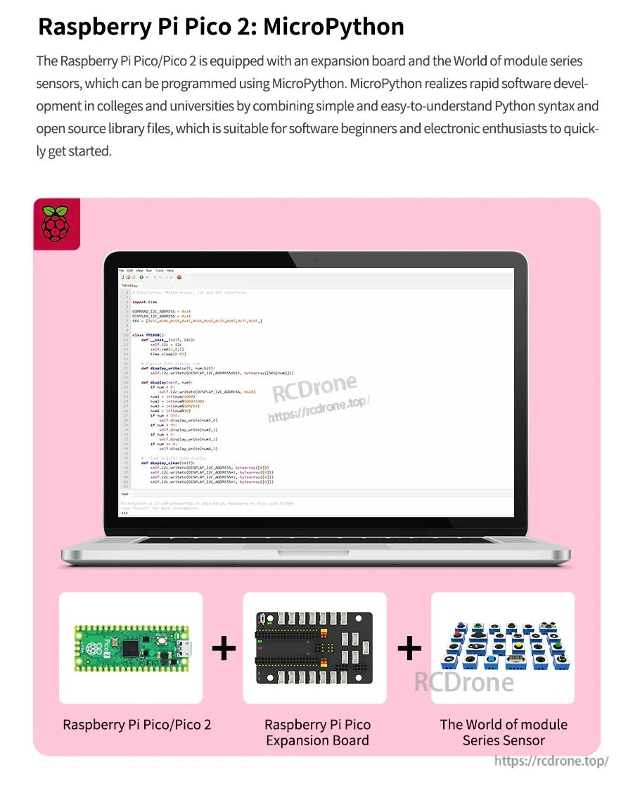 Graphic showing Raspberry Pi Pico/Pico 2 with an expansion board and World of Module sensors for MicroPython projects