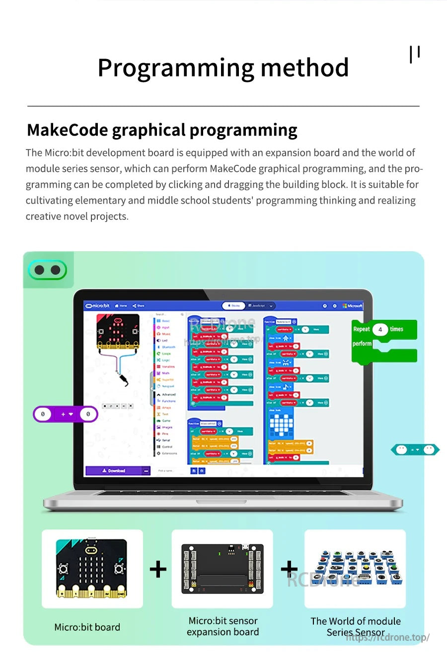 Programming method: MakeCode graphical programming for Micro:bit with expansion board and modules