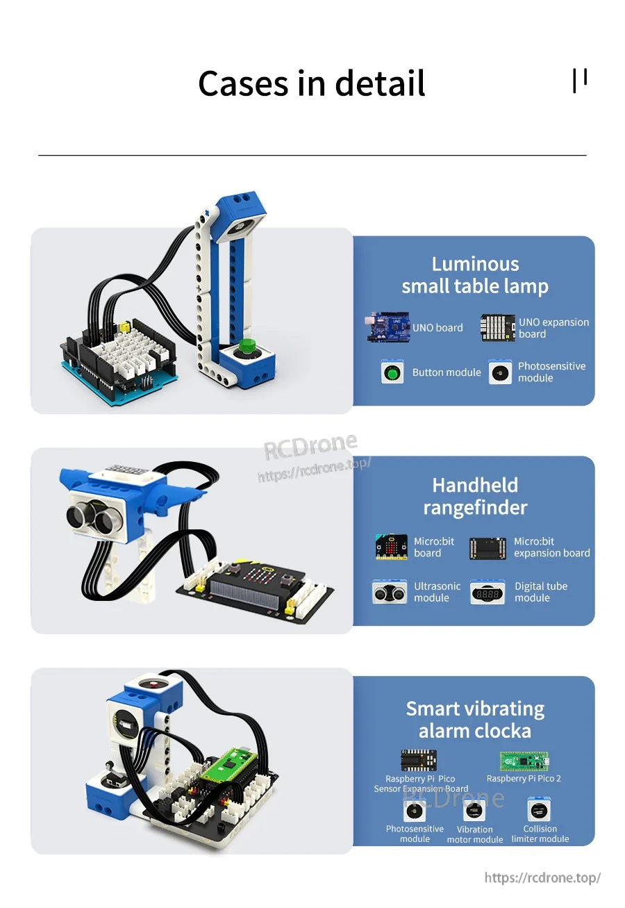 Example projects: table lamp, handheld rangefinder, and smart vibrating alarm clock builds