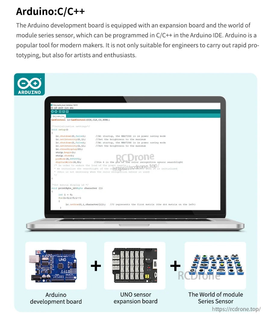 Arduino programming in C/C++ for UNO with sensor expansion board and World of Module sensors