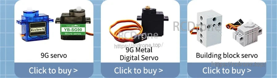 Servo examples: 9G servo, 9G metal digital servo, and building block servo