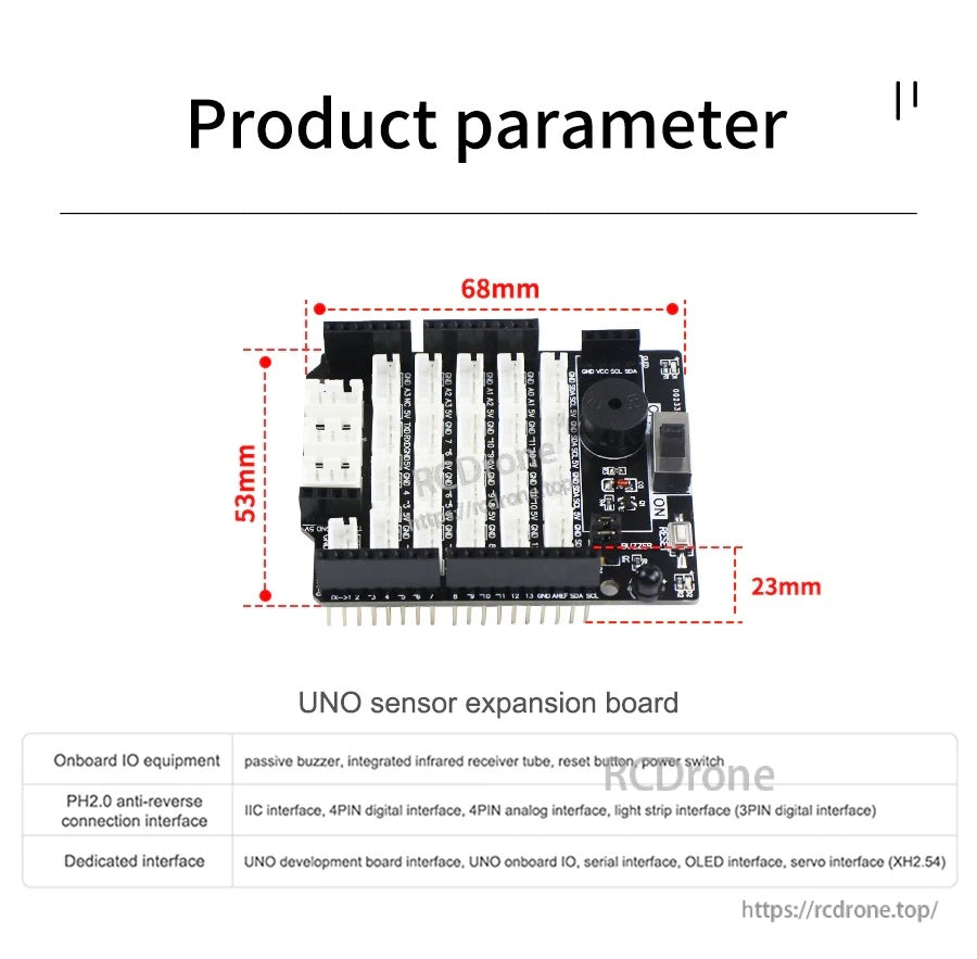 UNO sensor expansion board with PH2.0 ports, labeled 68mm x 53mm, plus onboard buzzer and IR receiver