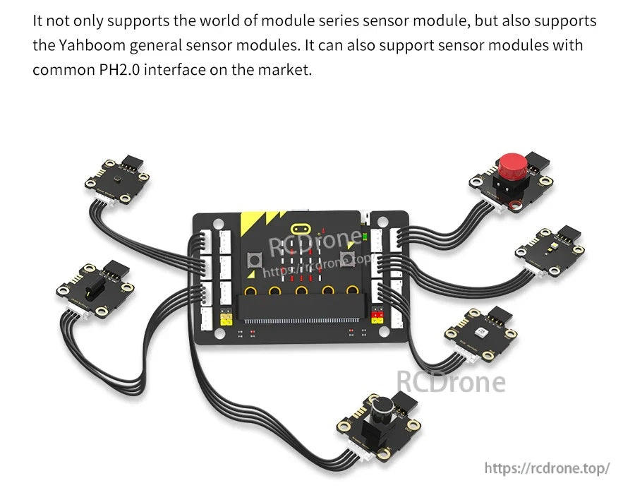 Sensor expansion board connected to multiple PH2.0 sensor modules with anti-reverse plugs