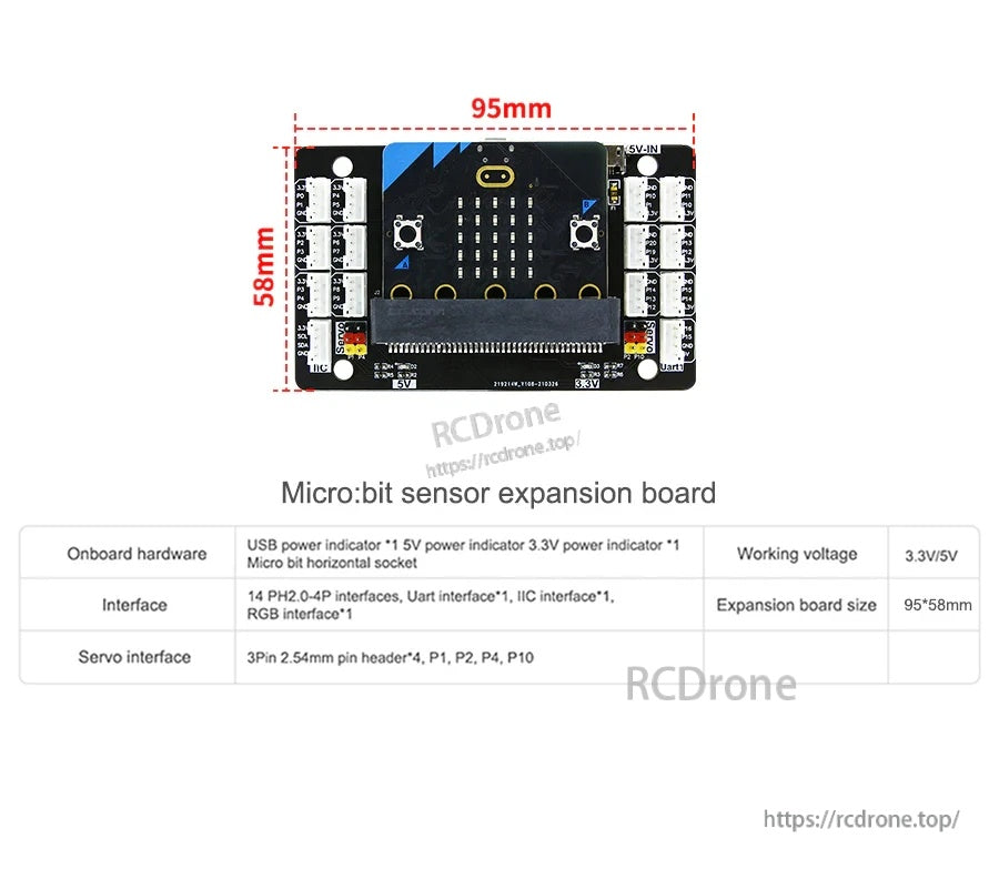 Micro:bit sensor expansion board with 14 PH2.0-4P ports, UART/IIC interfaces, and 3.3V/5V indicators (95×58mm)