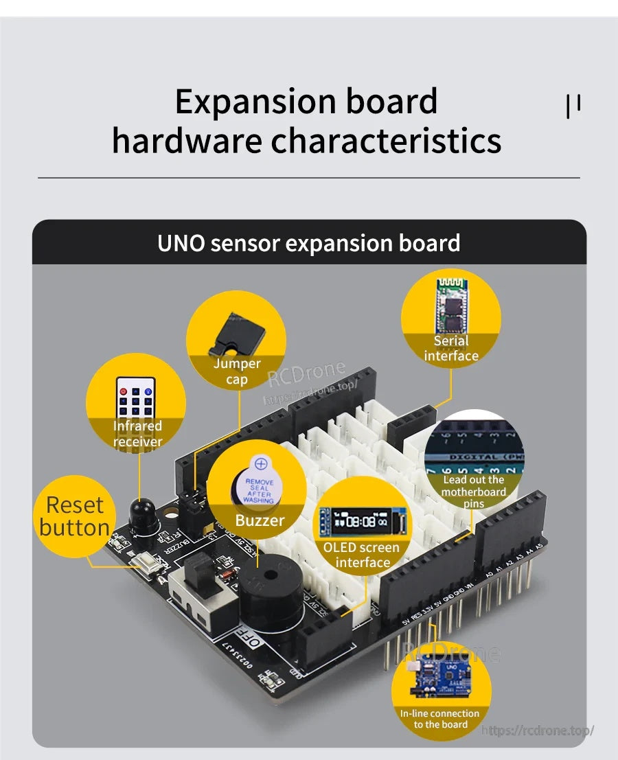UNO sensor expansion board with reset button, buzzer, infrared receiver, and multiple sensor connector ports