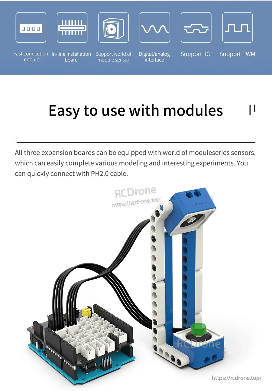 Feature overview icons: PH2.0 fast connection, digital/analog, IIC support, PWM support