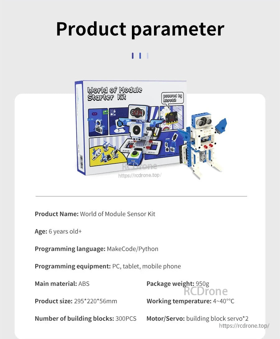 Product parameter sheet listing age 6+, MakeCode/Python, ABS material, package size and weight