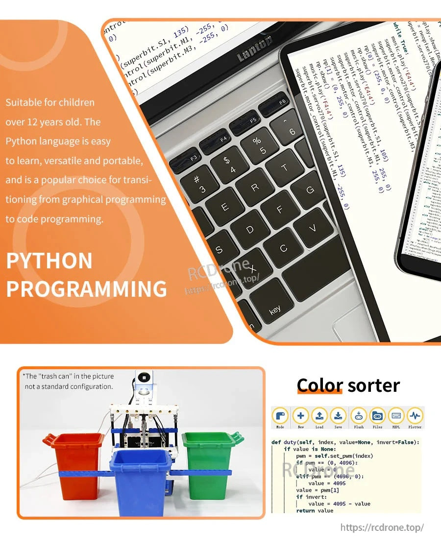 Python programming screen next to laptop and a color sorter build with sample code snippet