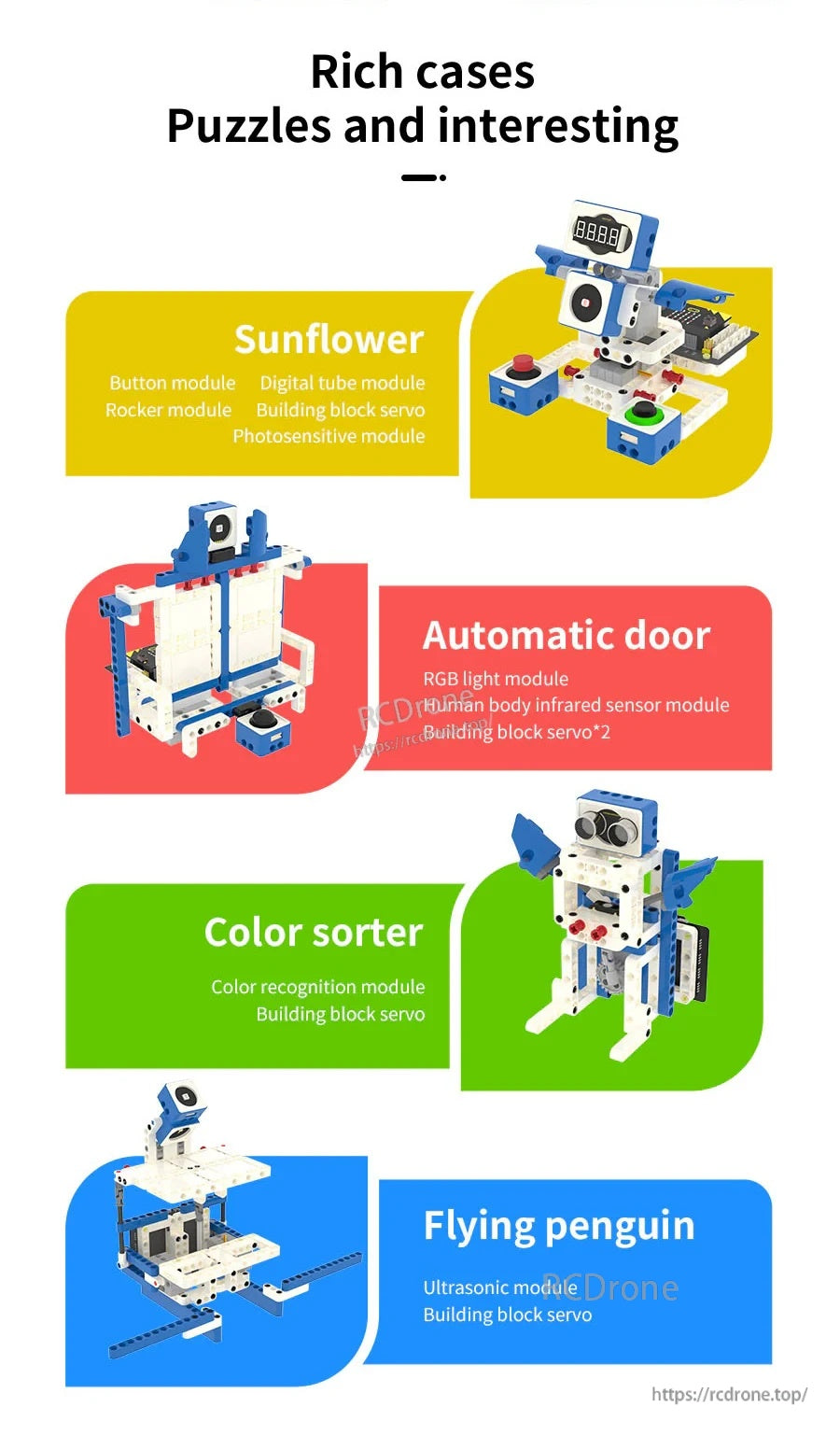 Example projects list: sunflower, automatic door, color sorter and flying penguin using sensor modules