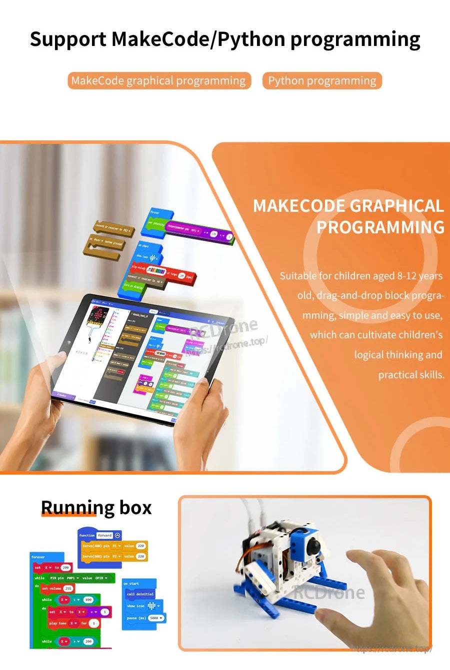 MakeCode graphical programming on a tablet with block code and a small micro:bit robot build