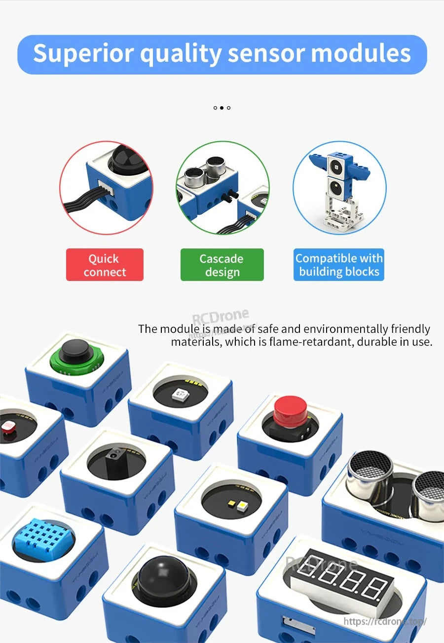 Close-up of sensor modules with quick connect, cascade design and building block compatibility callouts