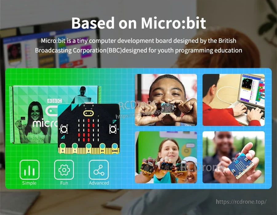 BBC micro:bit board graphic with learning levels and blurred kids using micro:bit projects