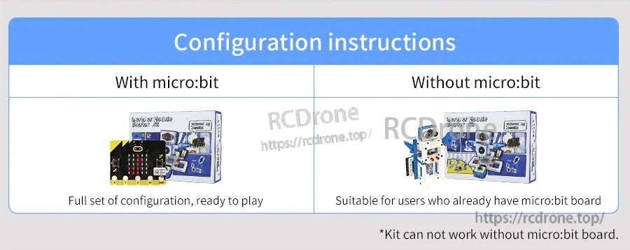 Configuration instructions: with micro:bit full set vs without micro:bit for users who already own a board