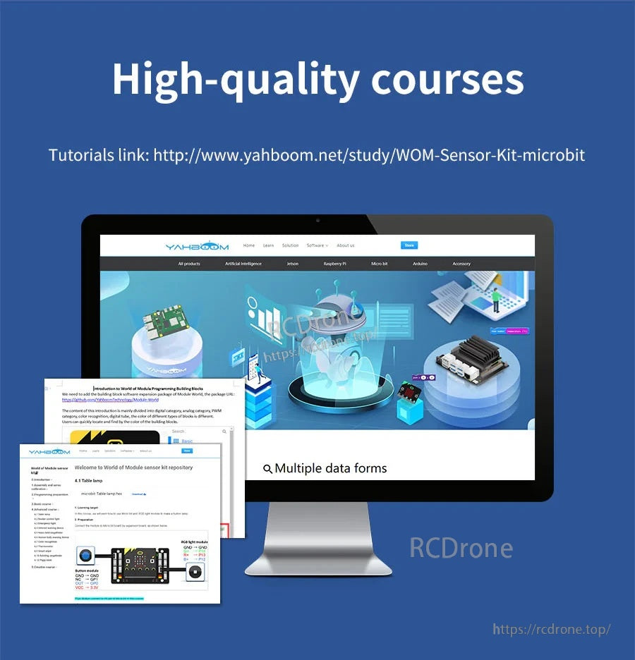 High-quality courses page on a desktop monitor with Yahboom tutorial link displayed
