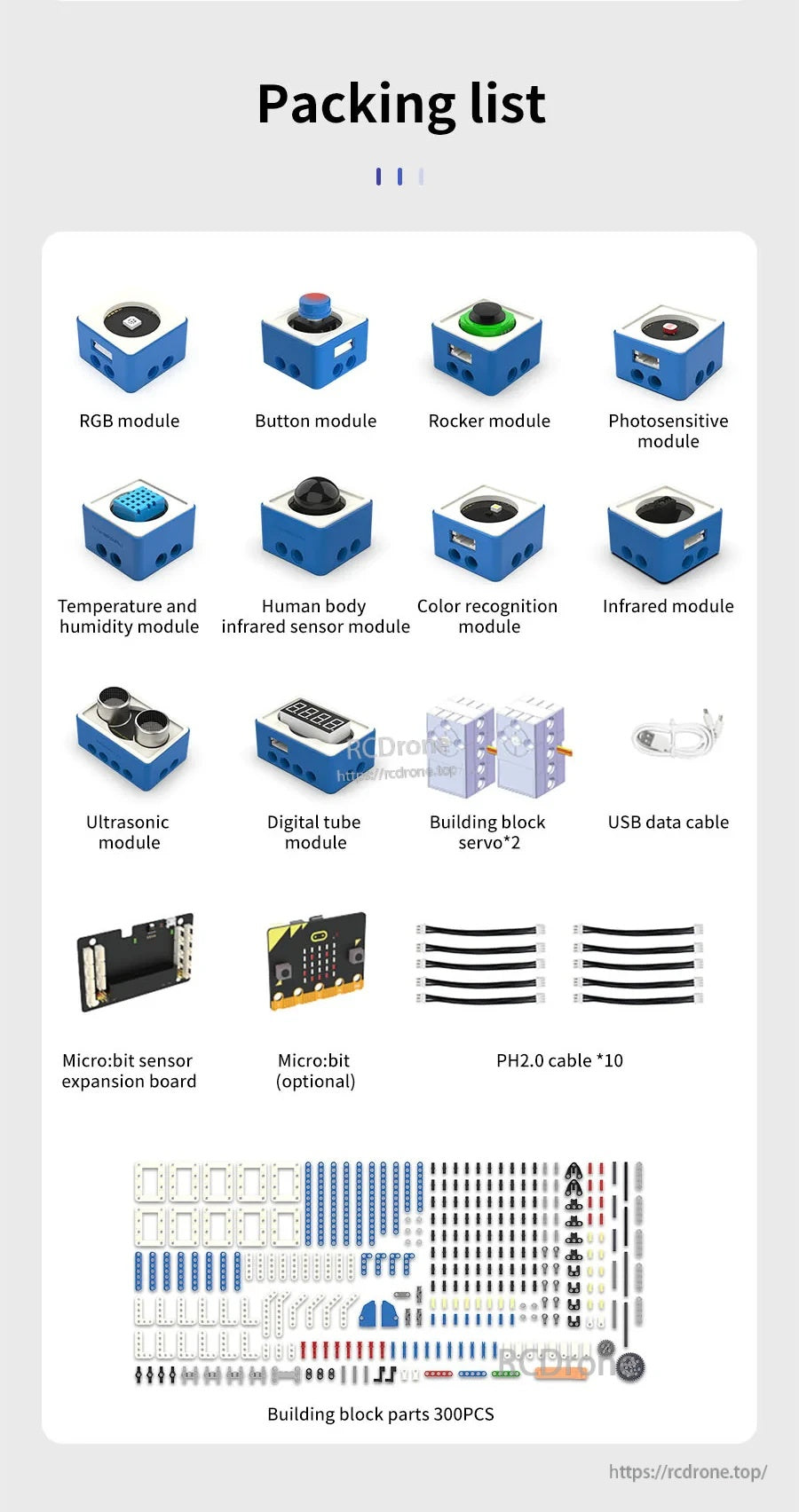 Packing list of 10 sensor modules, 2 building block servos, expansion board, cables and 300-piece blocks