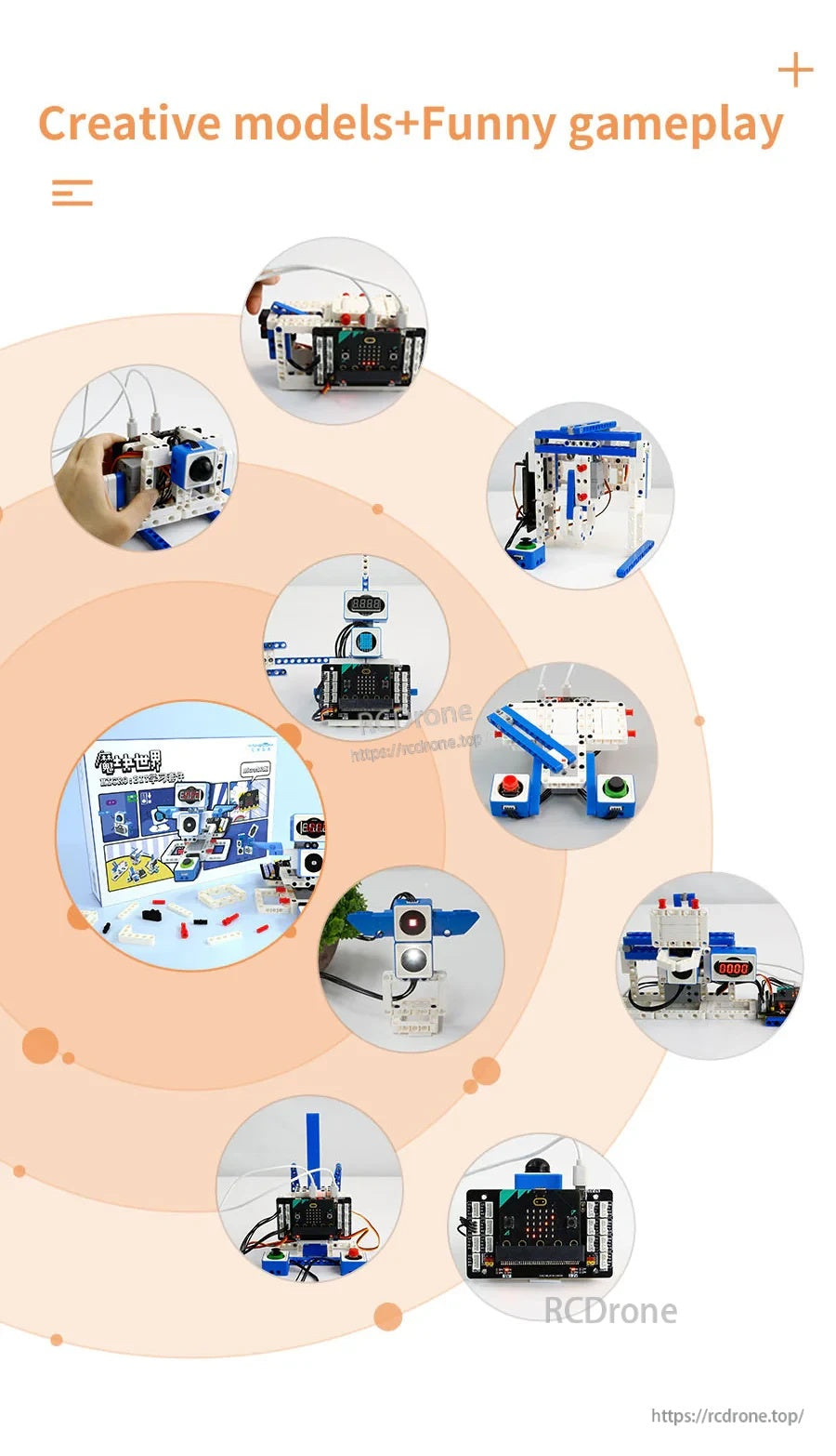 Collage of creative building models and micro:bit robot projects made with World of Module parts