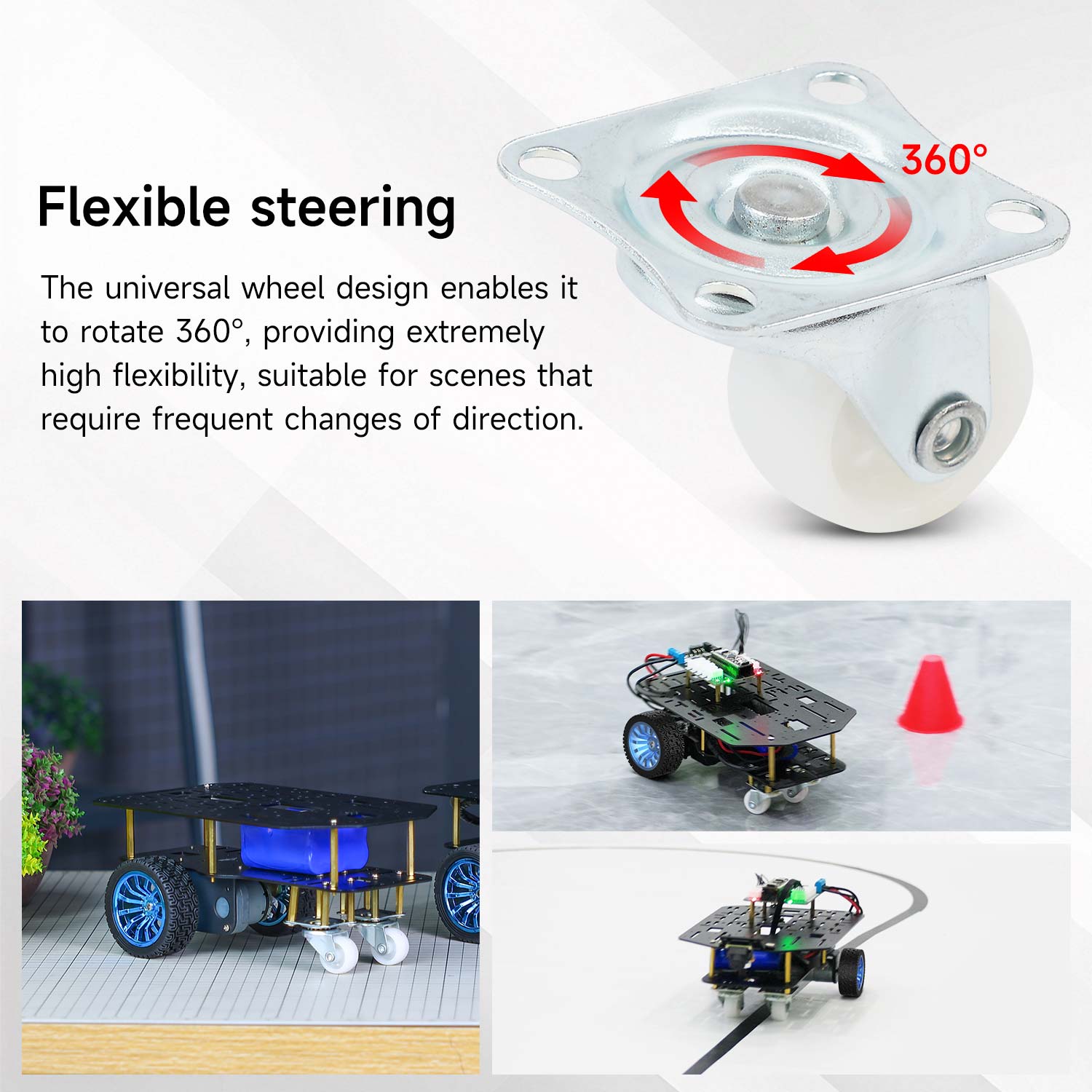 360° flexible steering graphic showing universal caster wheel rotation and robot chassis use examples