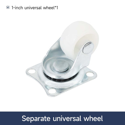 Single 1-inch universal wheel shown alone, separate caster wheel component with 4-hole base plate