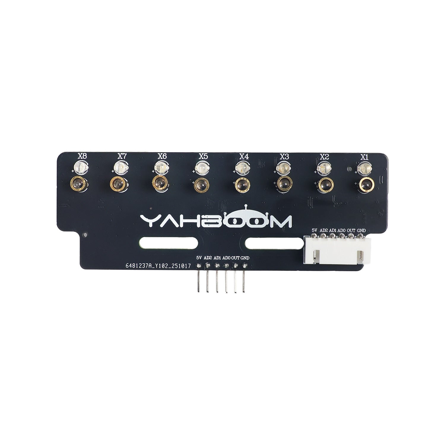Yahboom 8-Channel Grayscale Line Tracking Sensor module front view with X1–X8 sensors and connector