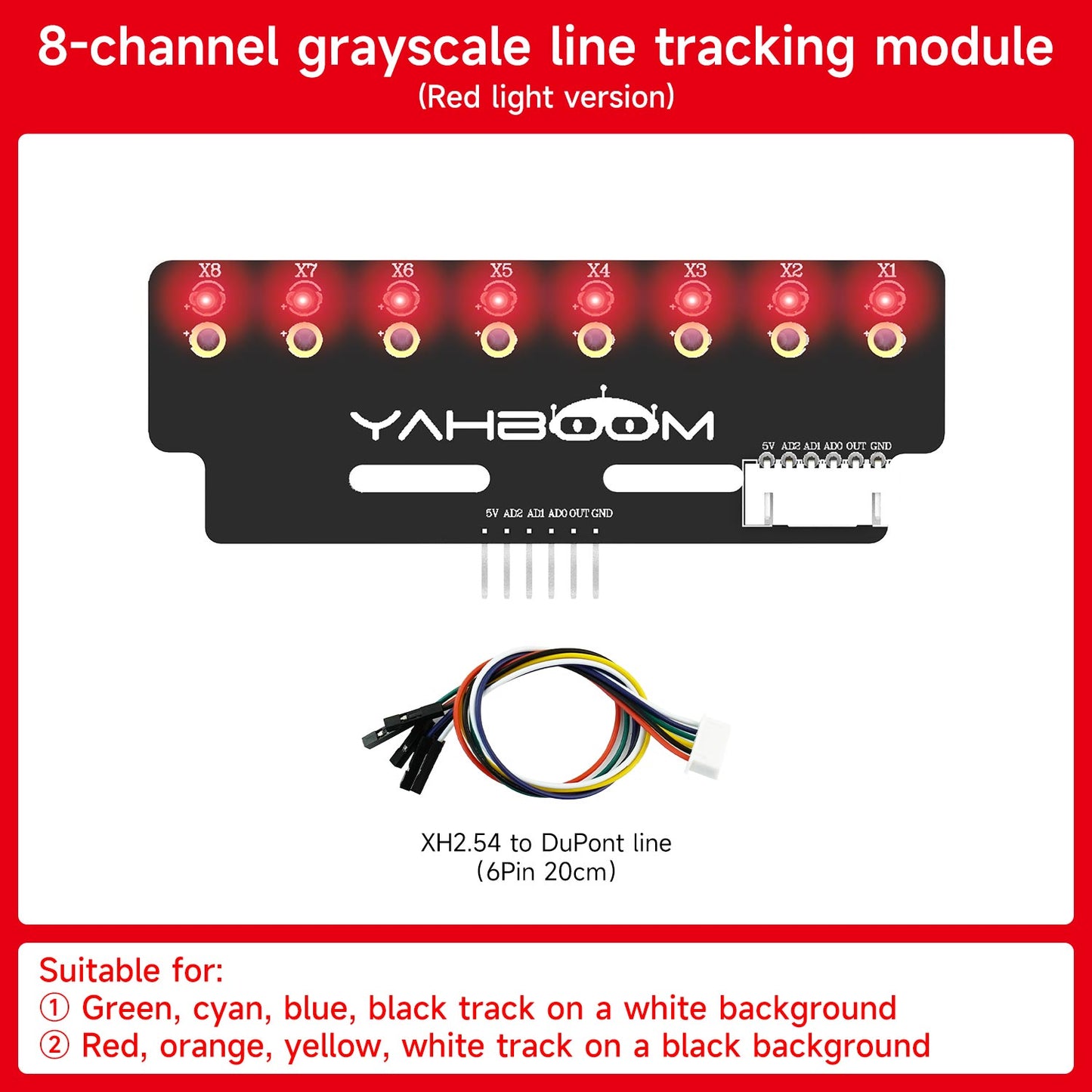 8-channel grayscale line tracking module red light version with XH2.54 to DuPont cable included