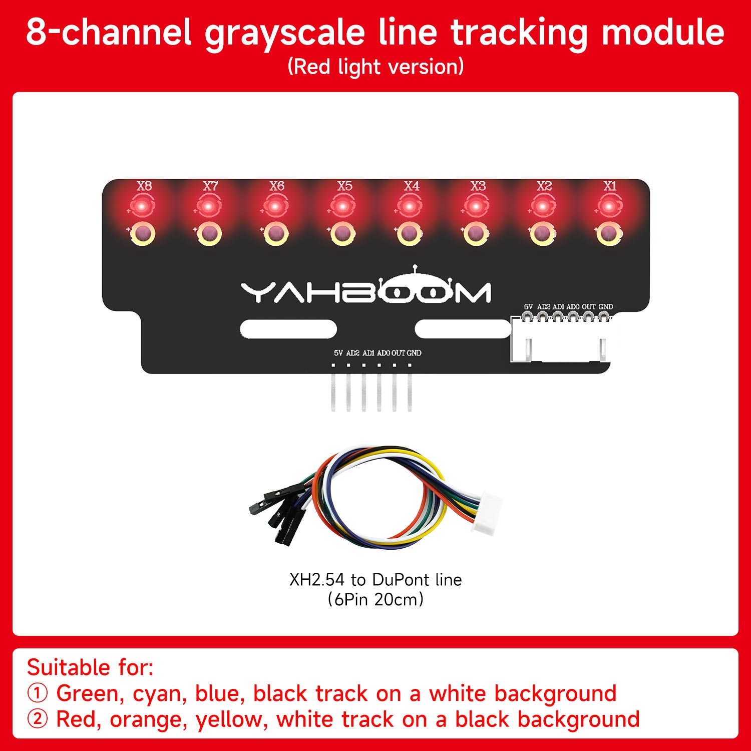 8-channel grayscale line tracking module red light version with XH2.54 to DuPont cable included