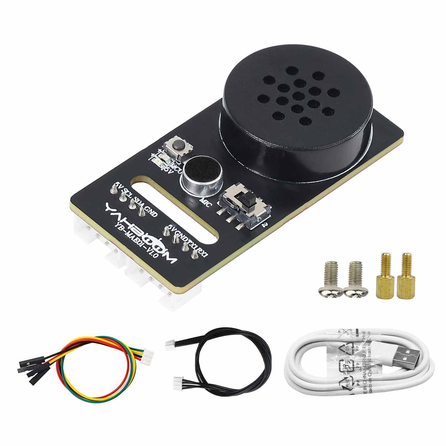 Yahboom CI1302 AI voice interaction module kit with speaker board, Type‑C cable, jumper wires, screws