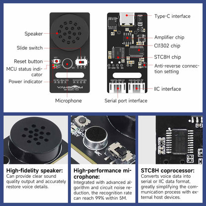 Annotated CI1302 voice module layout showing Type‑C port, IIC/serial interfaces, mic, speaker, chips