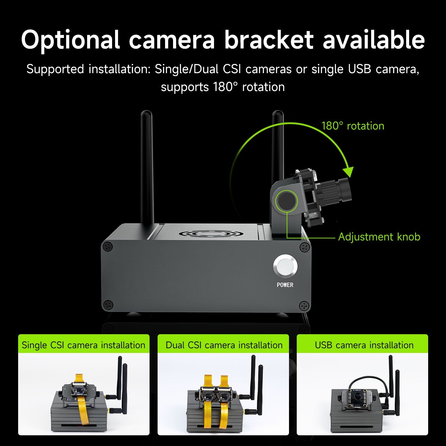 Optional adjustable camera bracket on case, supports single/dual CSI cameras or USB camera install diagram