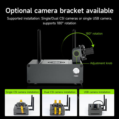 Optional adjustable camera bracket on case, supports single/dual CSI cameras or USB camera install diagram