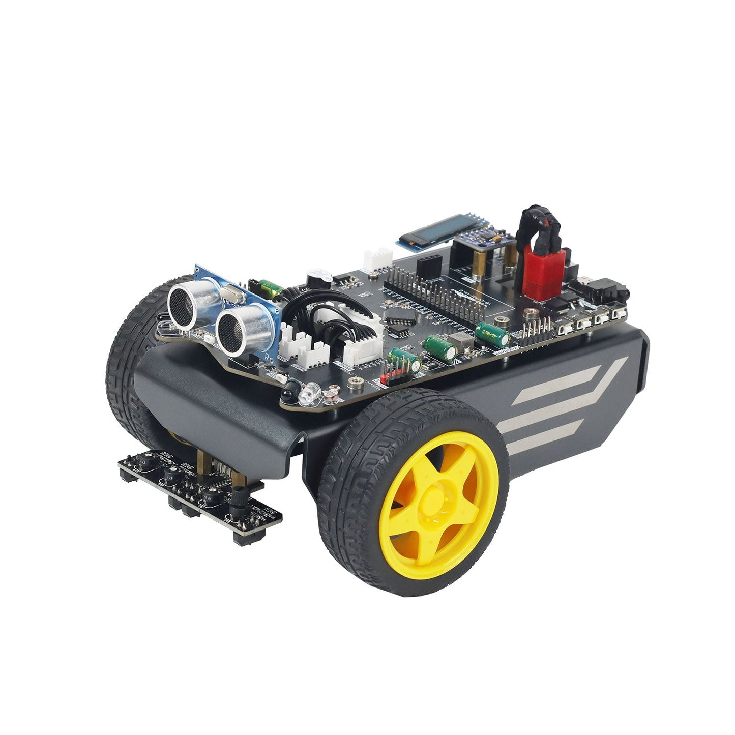 Yahboom MSPM0G3507 Smart Robot car chassis with ultrasonic sensor and yellow wheels, angled view