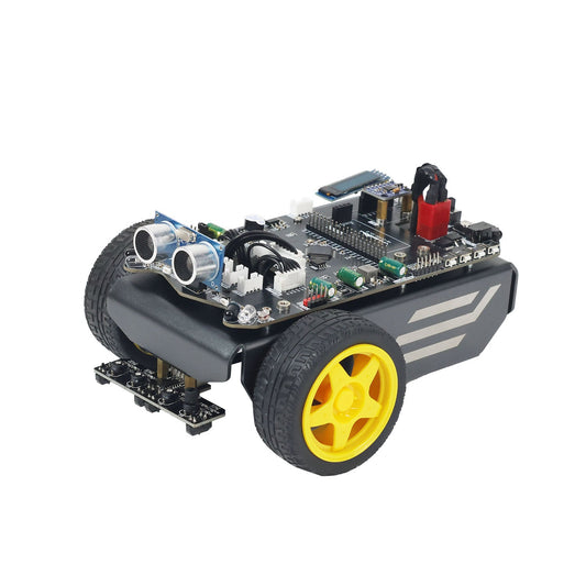 Yahboom MSPM0G3507 Smart Robot car chassis with ultrasonic sensor and yellow wheels, angled view