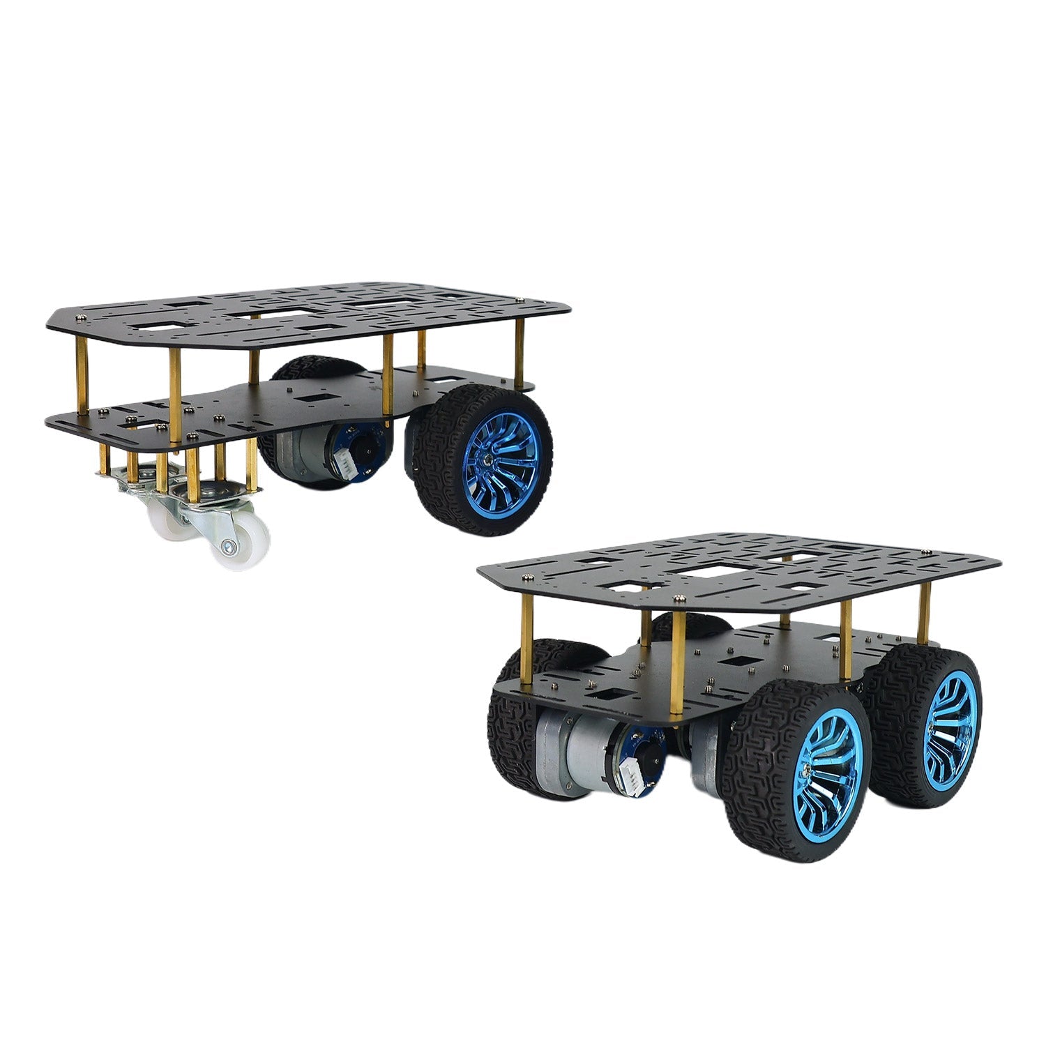 Yahboom MSPM0 Smart Robot chassis kit shown in 2WD and 4WD configurations, black aluminum deck