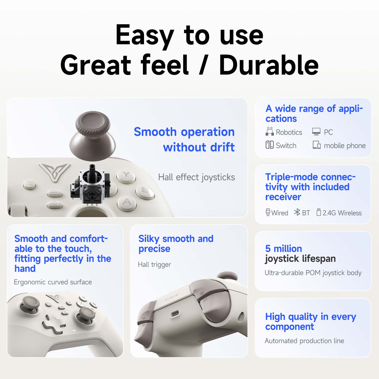 Feature graphic showing Hall effect joysticks, triple-mode wired/BT/2.4G, and ergonomic design highlights