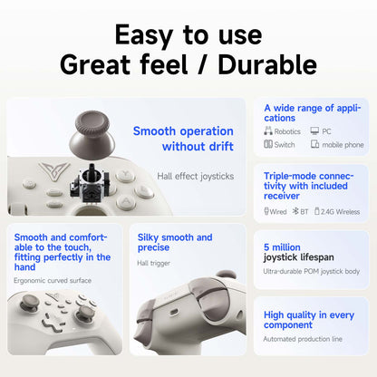 Feature graphic showing Hall effect joysticks, triple-mode wired/BT/2.4G, and ergonomic design highlights
