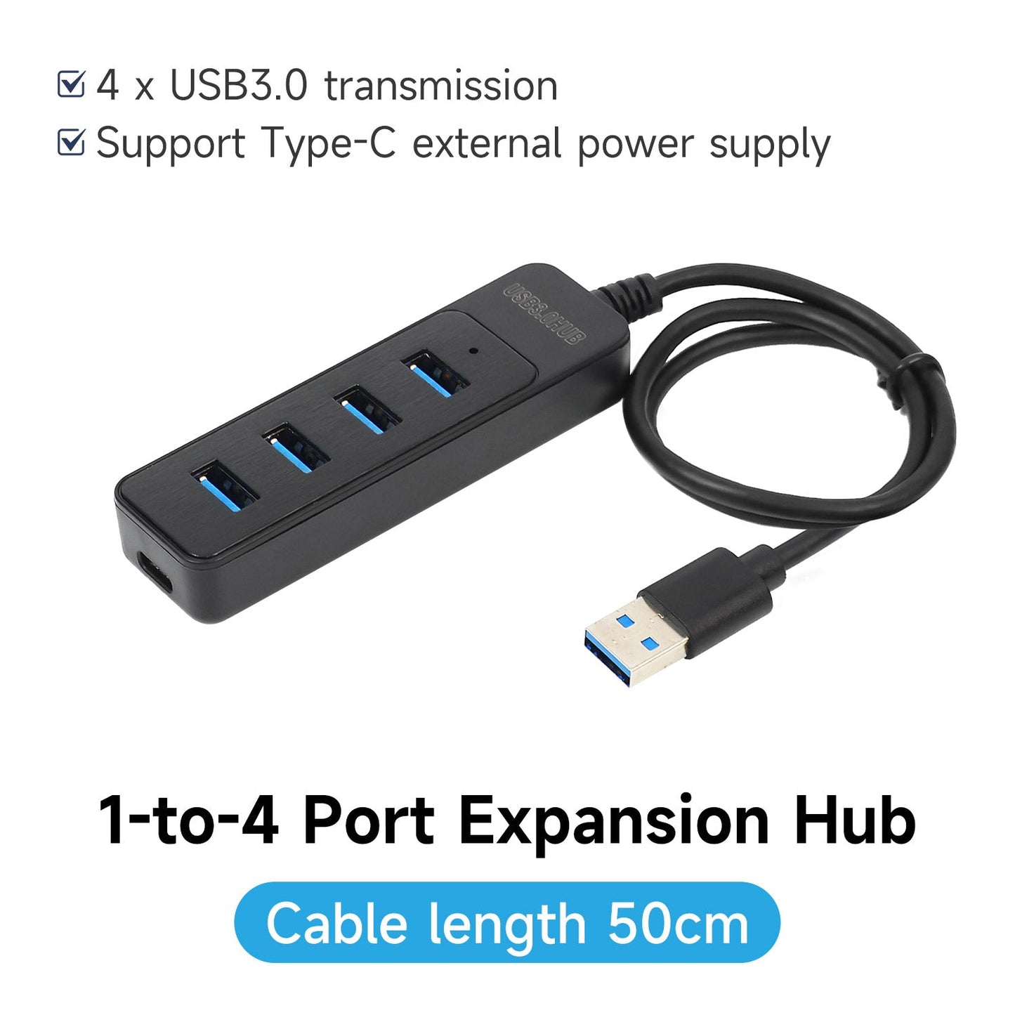 1-to-4 port expansion hub graphic showing support for Type-C external power and 50 cm cable