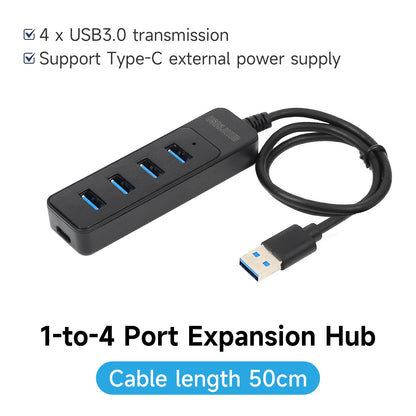 1-to-4 port expansion hub graphic showing support for Type-C external power and 50 cm cable