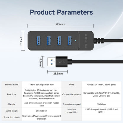 USB 3.0 4-port hub dimensions diagram showing 92.6 mm body length and USB plug size