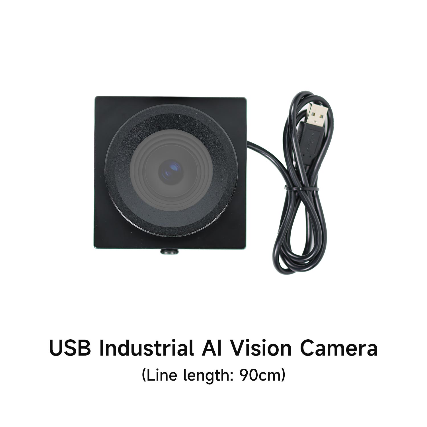 USB industrial camera front view with attached USB cable, line length shown as 90cm