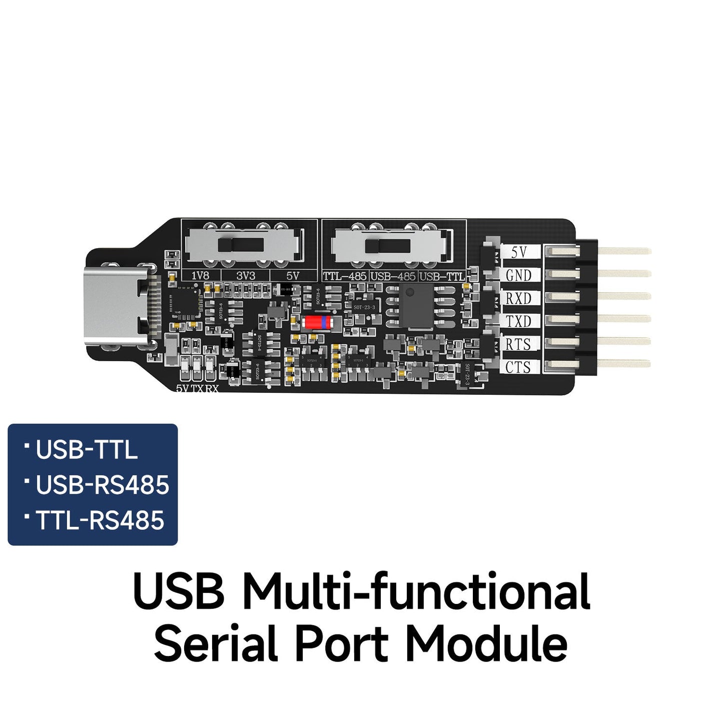 USB multi-functional serial port module labeled for USB-TTL, USB-RS485, and TTL-RS485 conversion modes