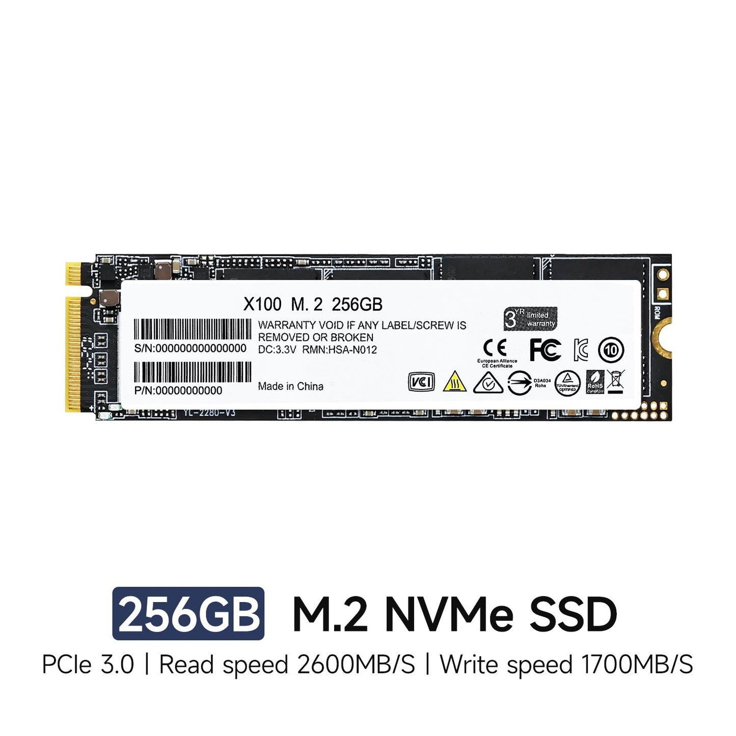 256GB M.2 NVMe SSD product card showing PCIe 3.0 and printed read/write speeds