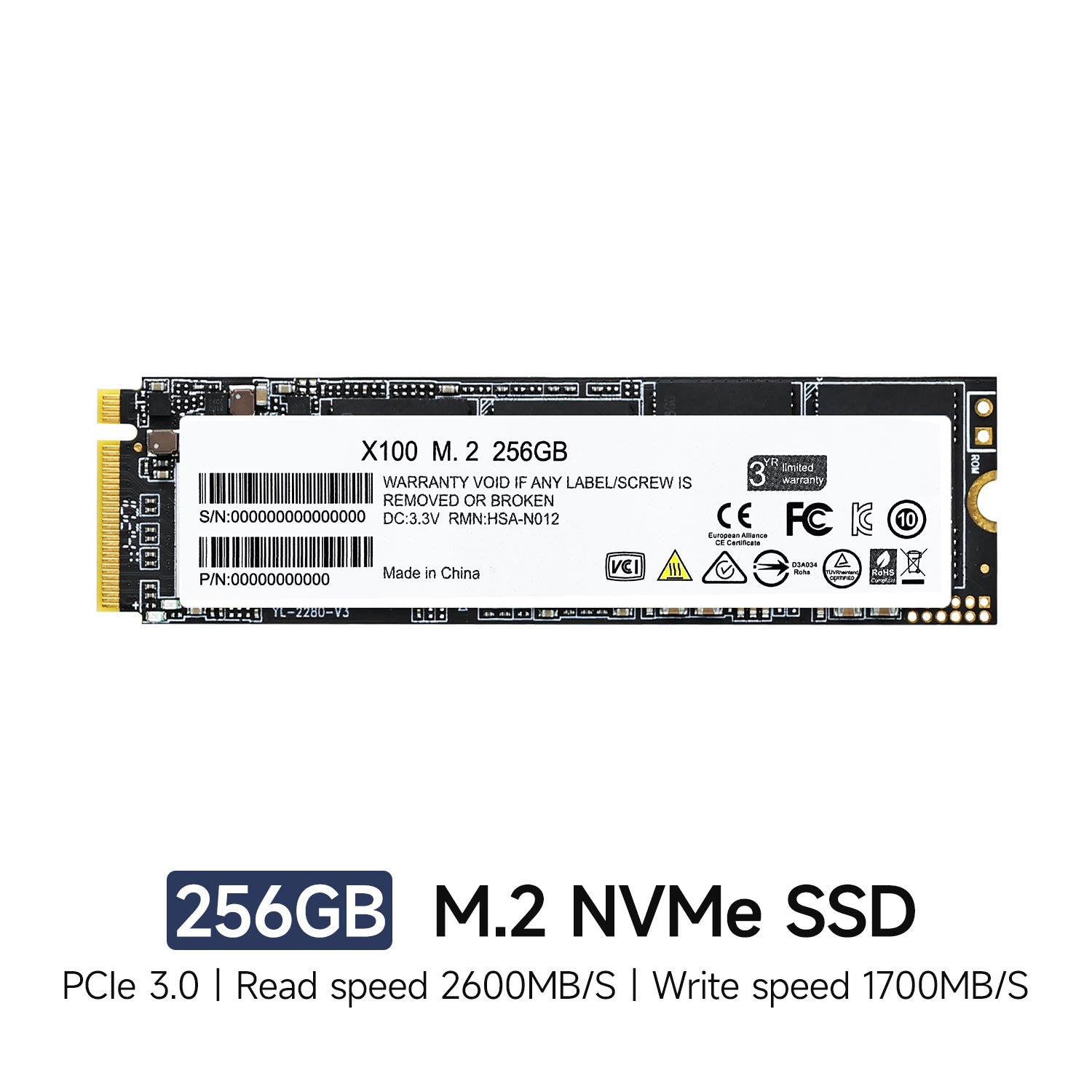 256GB M.2 NVMe SSD product card showing PCIe 3.0 and printed read/write speeds