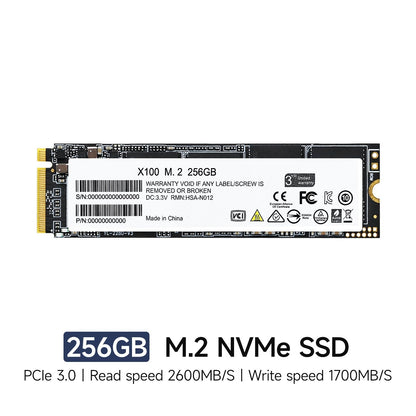 256GB M.2 NVMe SSD product card showing PCIe 3.0 and printed read/write speeds
