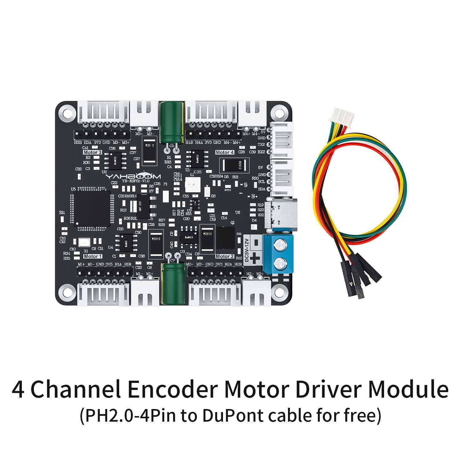 Encoder motor driver module kit with included PH2.0-4pin to DuPont jumper cable shown beside the board