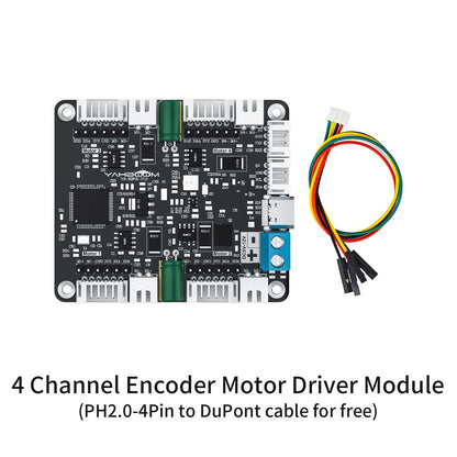 Encoder motor driver module kit with included PH2.0-4pin to DuPont jumper cable shown beside the board