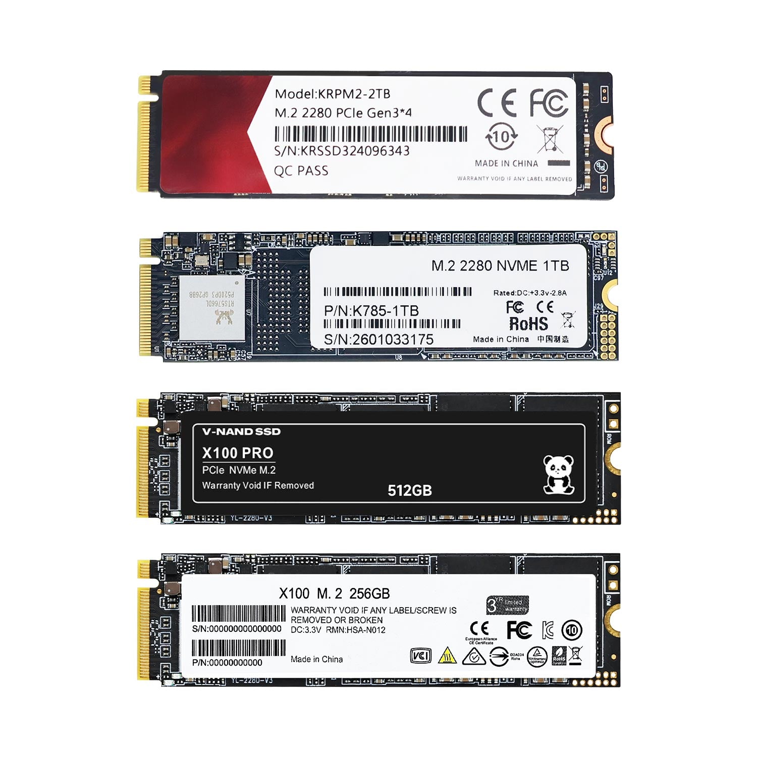 M.2 NVMe SSD lineup showing 256GB, 512GB, 1TB and 2TB 2280 modules with labels