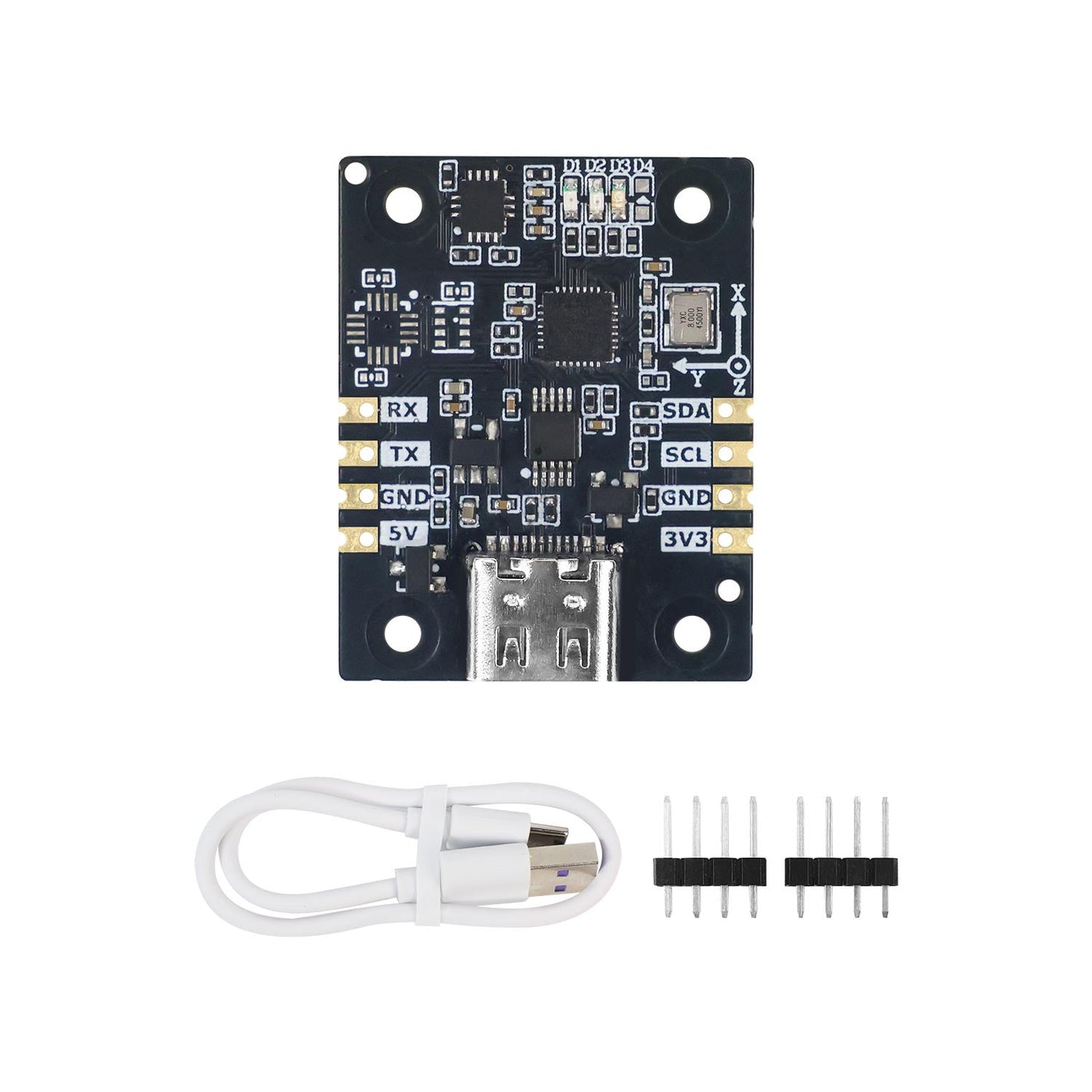Yahboom IMU Sensor module kit with USB Type-C cable and pin headers, top view of PCB