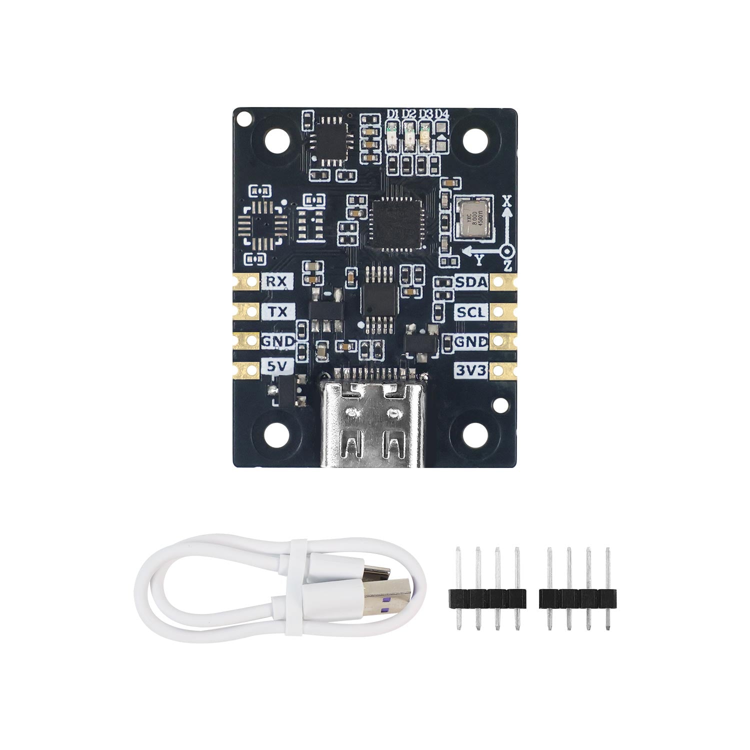 Yahboom IMU Sensor module kit with USB Type-C cable and pin headers, top view of PCB